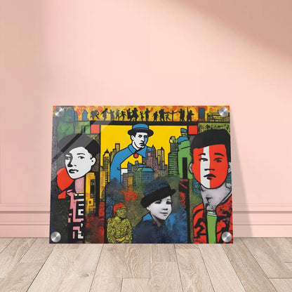 A vibrant, pop-art style painting featuring bold portraits of diverse individuals set against a colorful city skyline with detailed urban elements.