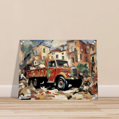 A vibrant painting of a red vintage truck set against an old town backdrop, with earthy tones and dynamic painterly strokes.