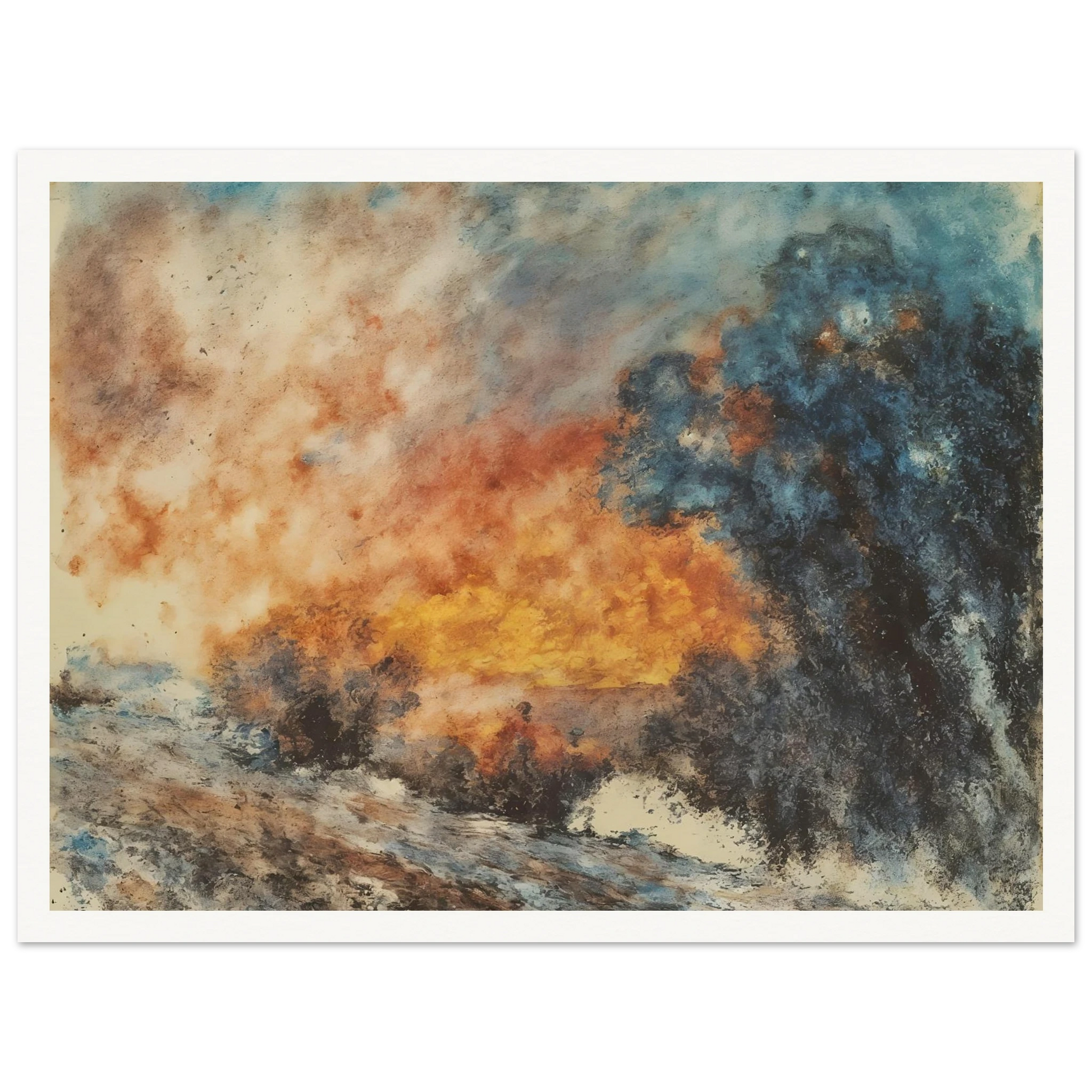 Dramatic fiery landscape with blazing orange sky, smoky blue shadows, and dark textured trees engulfed in an atmospheric glow.