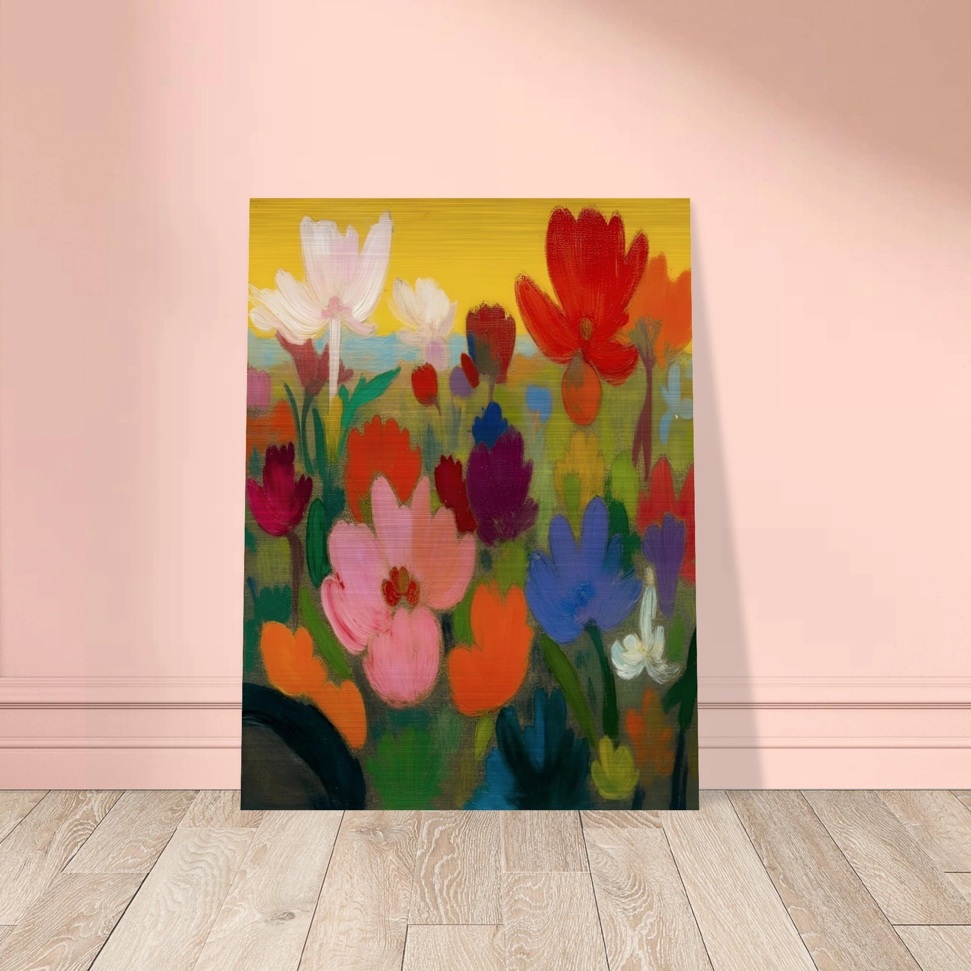 Bright flowers in red, pink, blue, and white rise from green stems against a golden yellow sky.