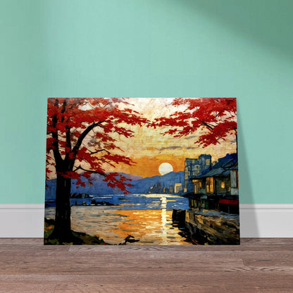 A serene sunset scene with vibrant red trees framing a peaceful waterfront, reflecting golden hues, and a distant cityscape in the background