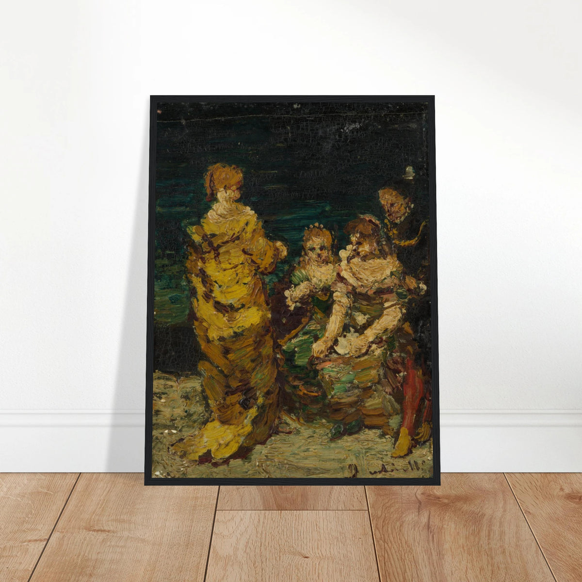 Four figures in rich period dress gather against a dark background with thick expressive brushwork.