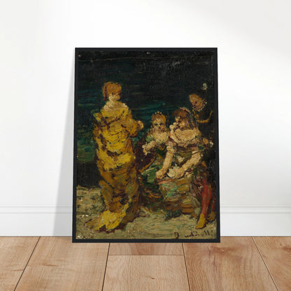 Four figures in rich period dress gather against a dark background with thick expressive brushwork.