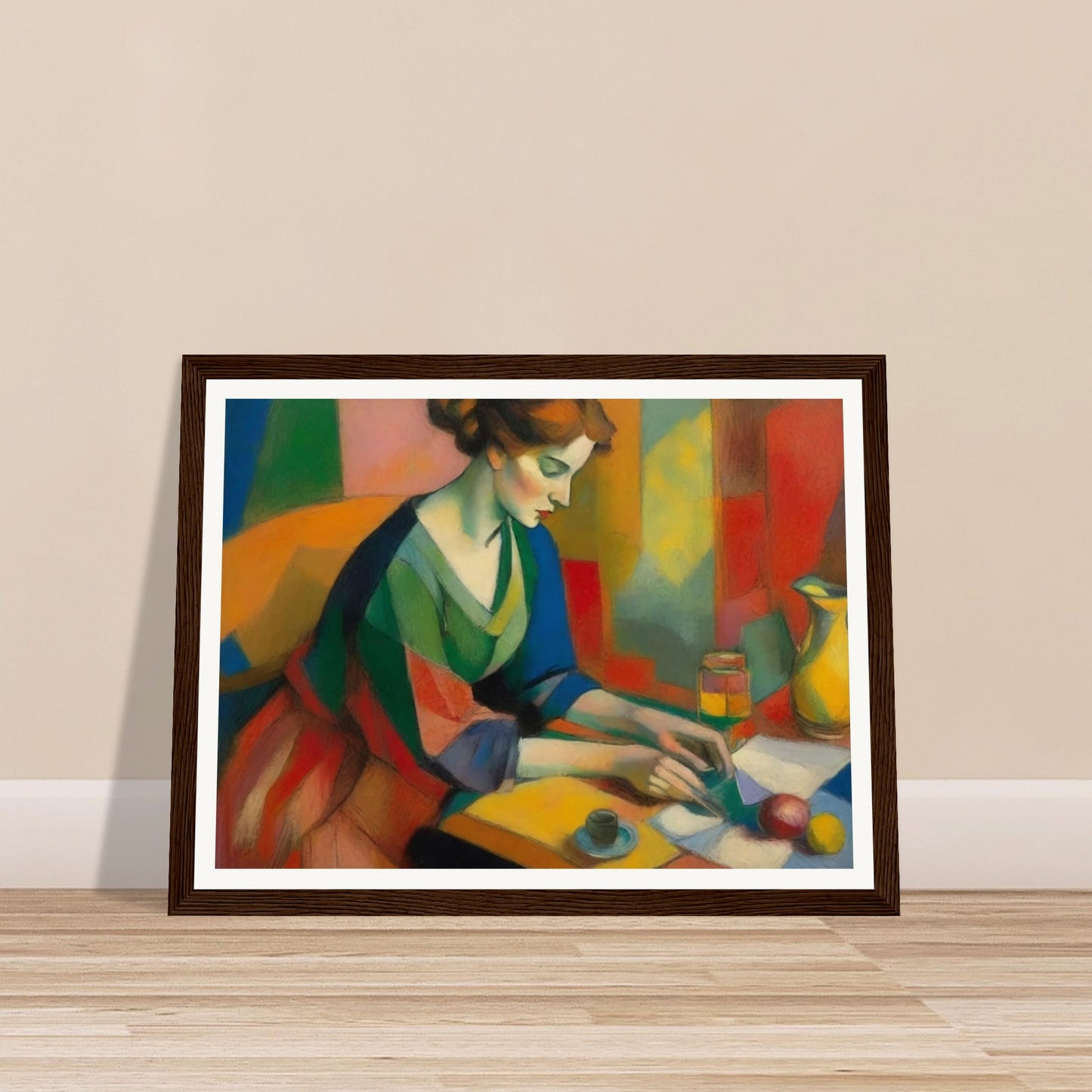 A vibrant painting depicting a woman in a colorful dress sitting at a table, engaged in writing or reading. The background features a mosaic of various hues, enhancing the vivid and dynamic atmosphere of the scene.