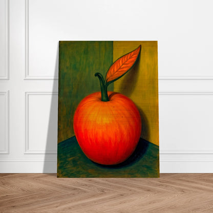 A bold still-life of a glowing red-orange fruit with a single leaf, casting soft shadows against a golden-green background.
