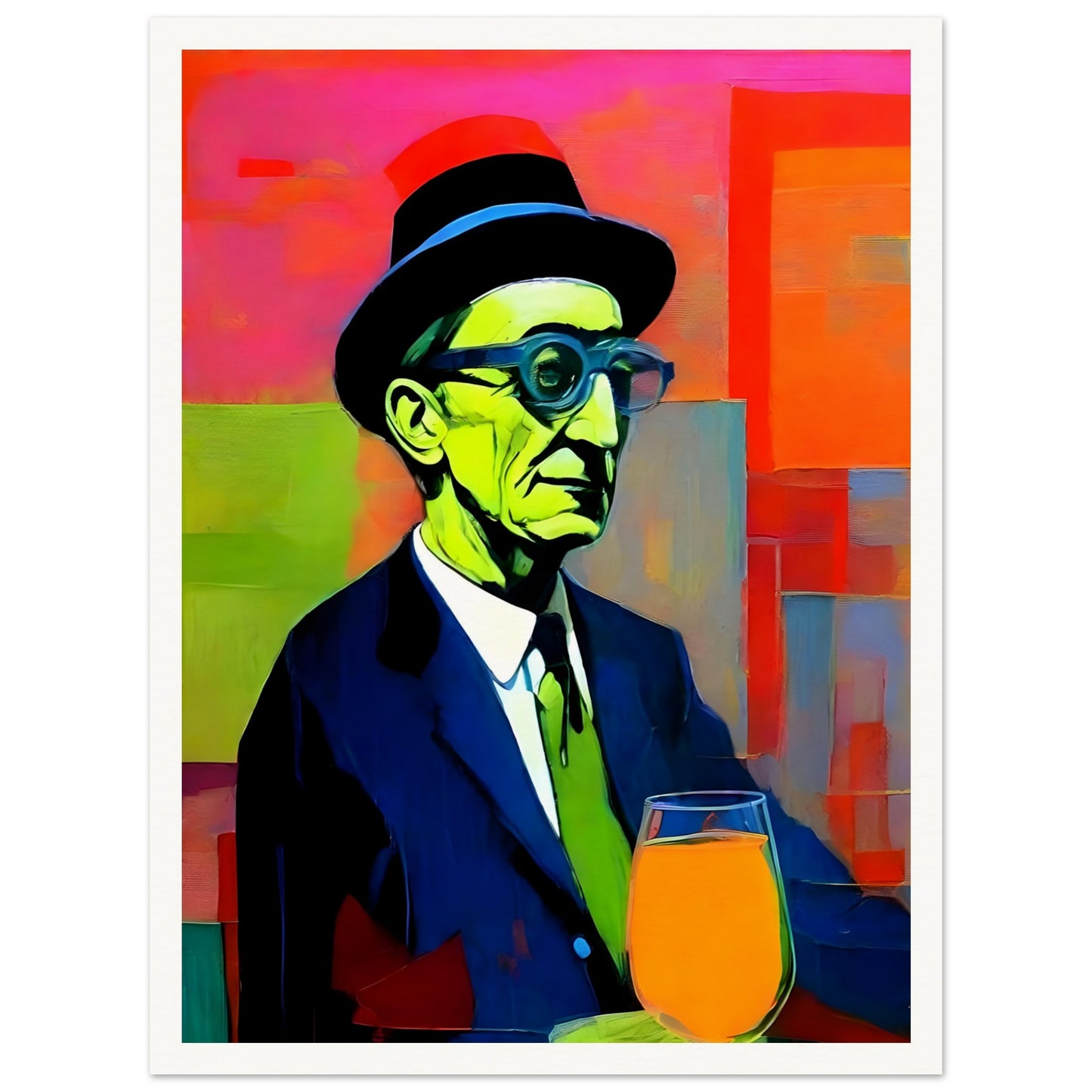 Bold and colorful painting of an older man in a hat and glasses, with green tones on his face, a suit, and a bright orange drink.