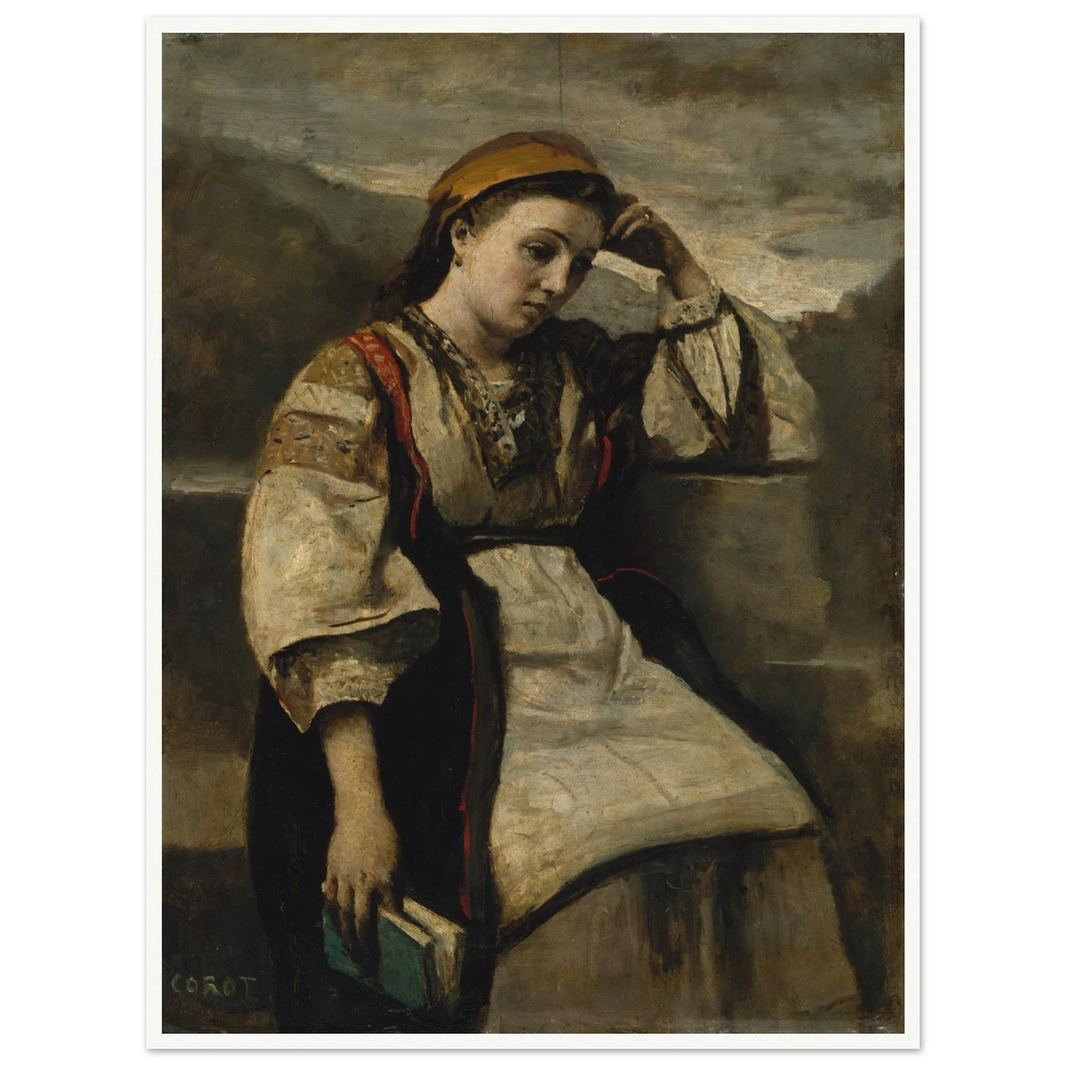 A seated woman in traditional dress rests her head on her hand while holding a book.