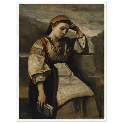 A seated woman in traditional dress rests her head on her hand while holding a book.