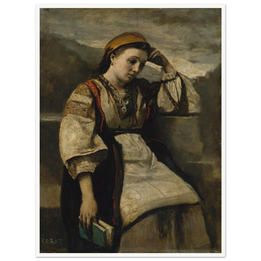 A seated woman in traditional dress rests her head on her hand while holding a book.