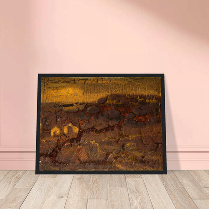 A textured earthwork surface in cracked brown, ochre, and gold tones with layered organic relief.