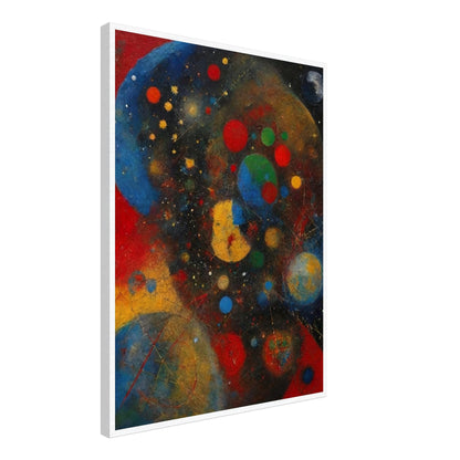 An abstract painting with vibrant colors and shapes, depicting a cosmic scene filled with celestial bodies.