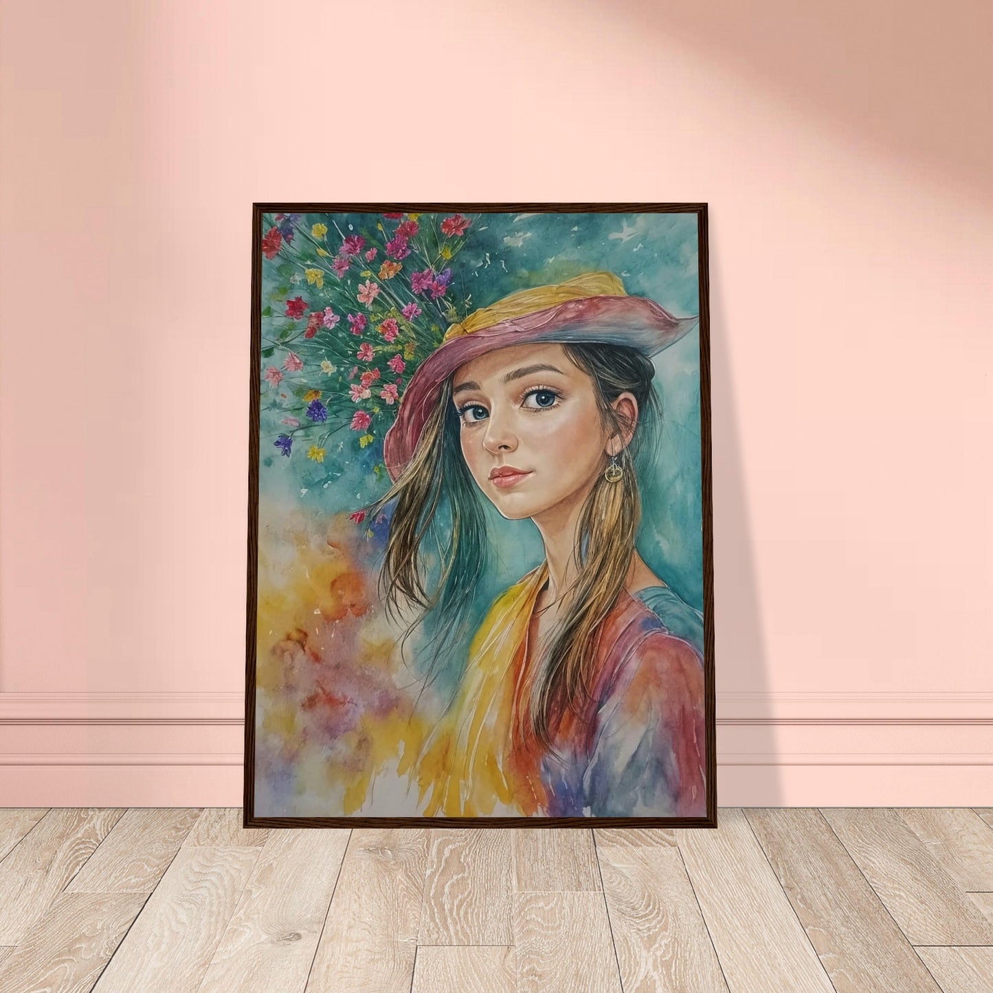 A young woman in a colorful hat gazes softly, with vibrant spring flowers blooming behind her, capturing the essence of youth and nature.