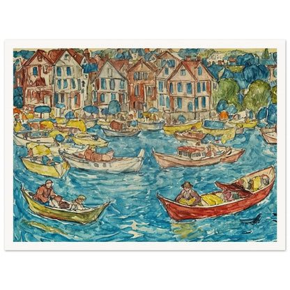 Colorful depiction of a lively harbor with boats and people on a sunny day, with charming houses lining the waterfront.