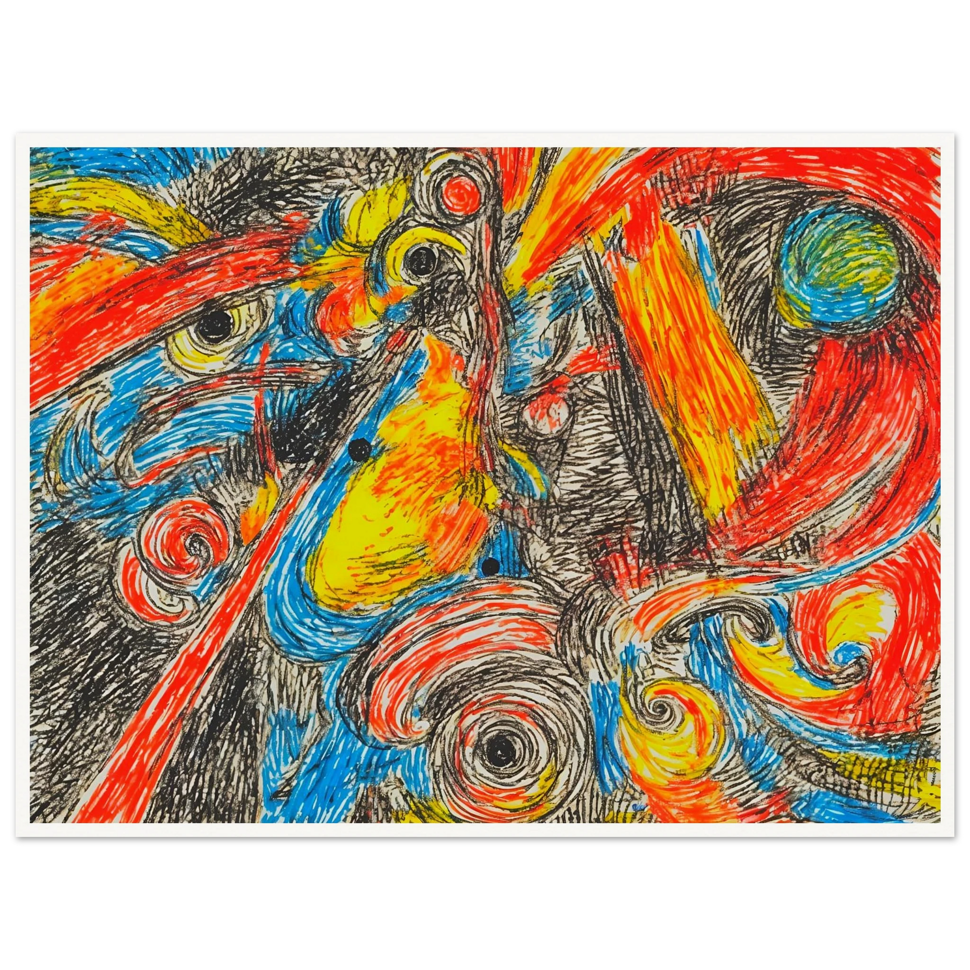 Explosive swirling lines of red, blue, yellow, and black collide in a high-energy abstract composition filled with motion and intensity.