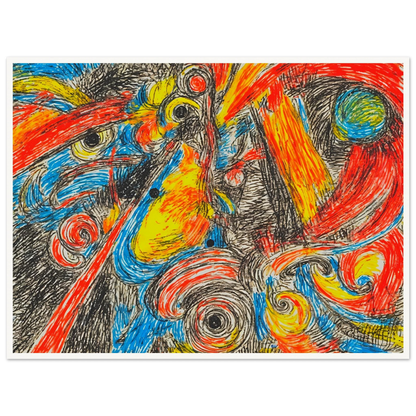 Explosive swirling lines of red, blue, yellow, and black collide in a high-energy abstract composition filled with motion and intensity.