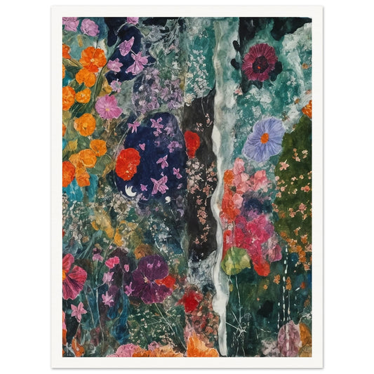 A vibrant painting featuring an array of colorful flowers in various shades of orange, purple, red, and green.