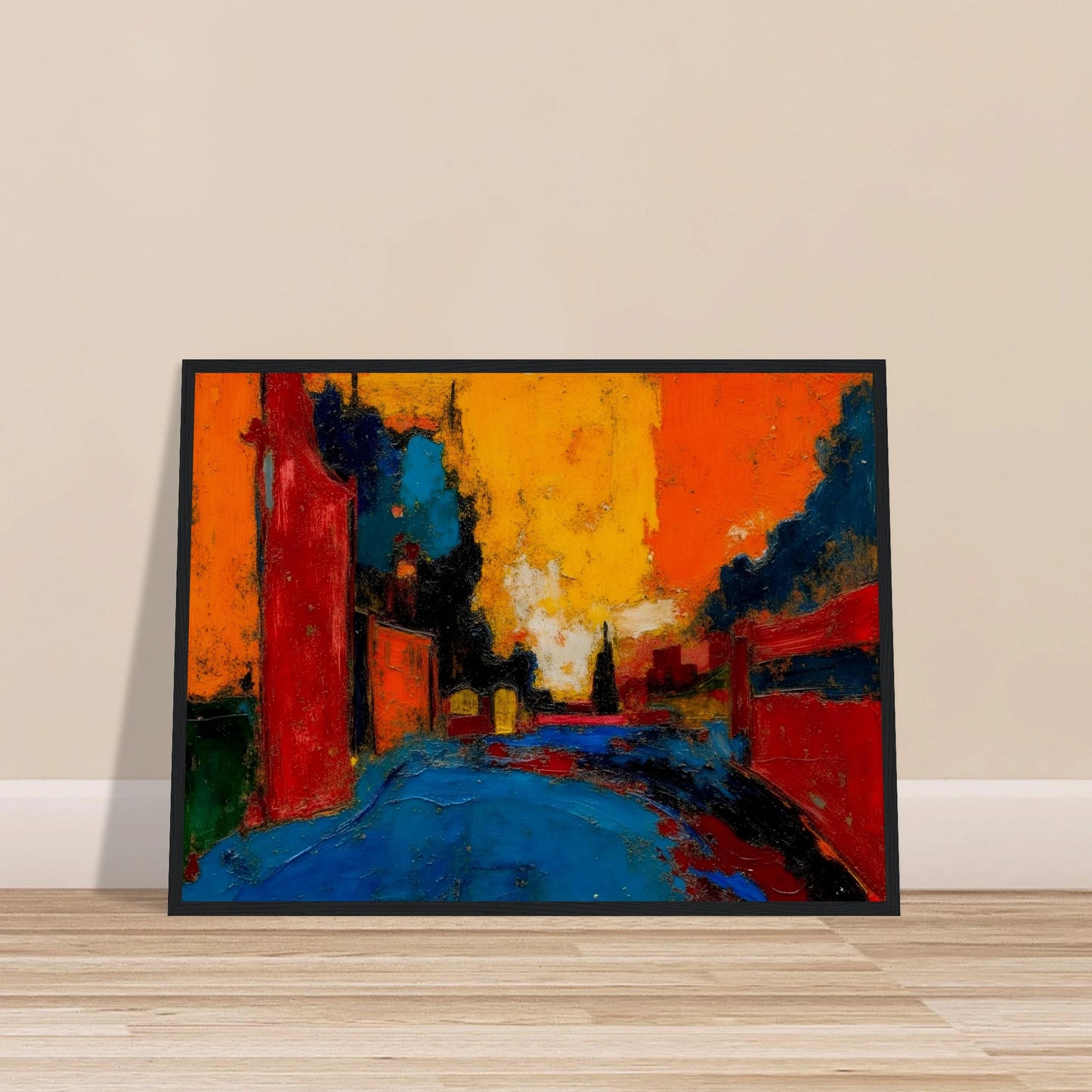 An expressive urban street scene painted in bold reds, oranges, blues, and black, featuring buildings lining a road beneath a dramatic glowing sunset sky.