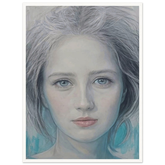 A detailed, soft portrait of a young woman with striking pale blue eyes and light hair, exuding calm and serenity against a muted background of cool tones.