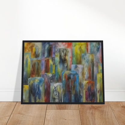 A vibrant abstract painting of a cityscape with multicolored buildings. The artwork features tall, rectangular shapes in a variety of hues, blending seamlessly to create a dynamic urban scene.