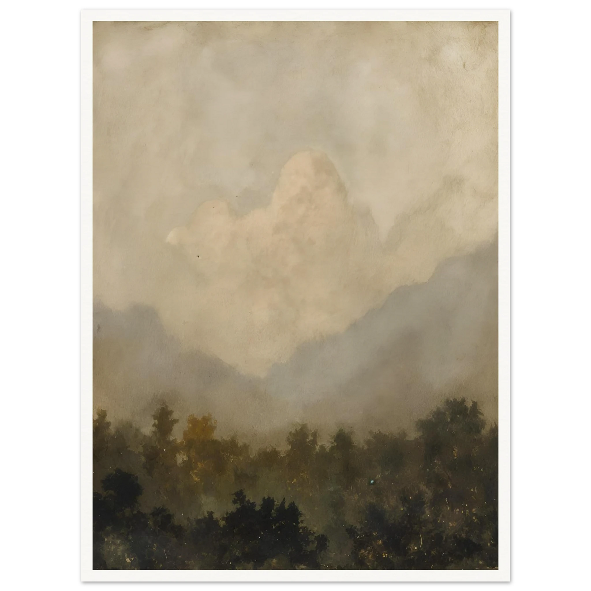 Soft clouds hover above a shadowy forest, evoking serenity and silence beneath a veil of golden haze.