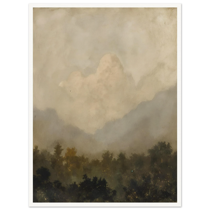 Soft clouds hover above a shadowy forest, evoking serenity and silence beneath a veil of golden haze.