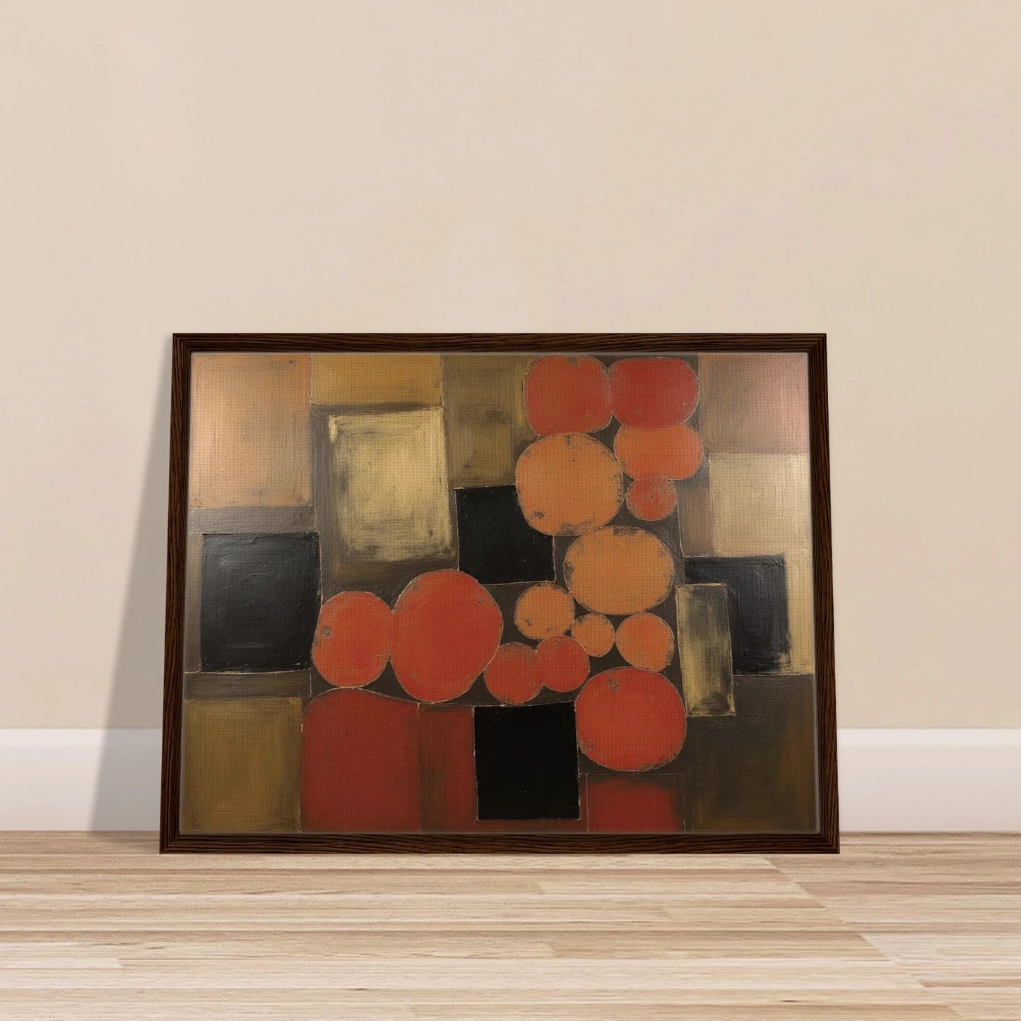 Warm orange and brown circles overlap dark squares in a geometric field, creating a rhythmic balance of earth tones and light.