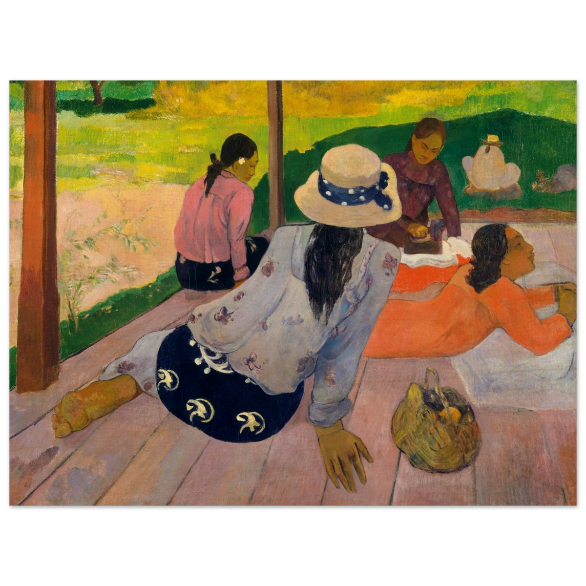 Four Tahitian women rest on a shaded veranda with bright green landscape beyond.