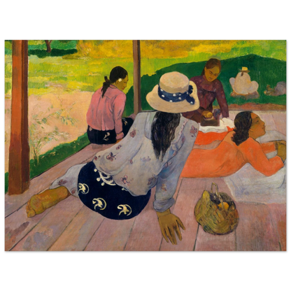 Four Tahitian women rest on a shaded veranda with bright green landscape beyond.