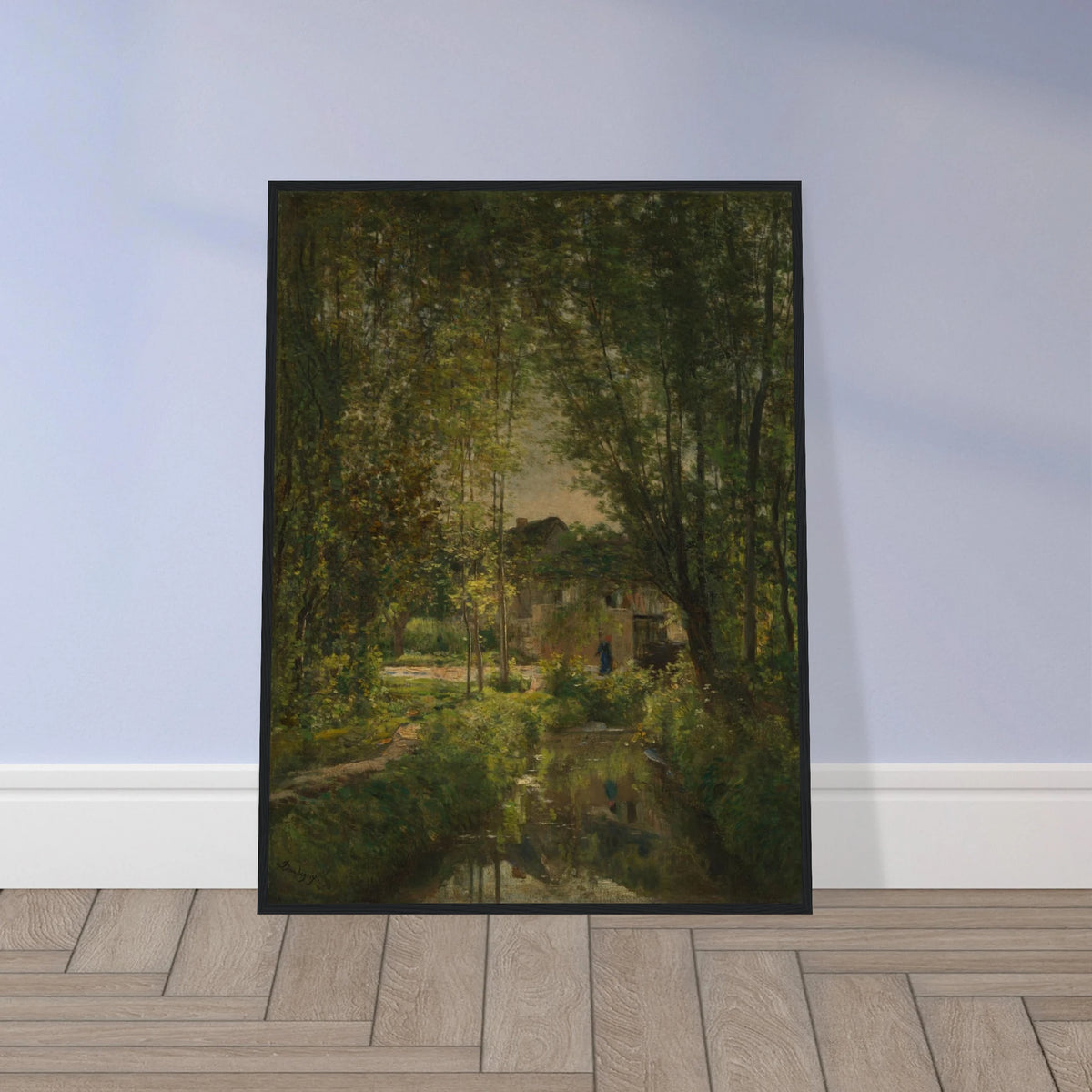 Sunlit stream winds through dense trees toward a cottage in a quiet woodland landscape