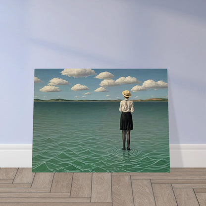 A painting of a woman standing alone in the middle of a calm, vast body of water under a blue sky with scattered clouds.