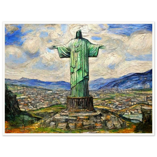 "A majestic painting of the Christ the Redeemer statue standing tall over the city of Rio de Janeiro, with vibrant skies and mountain ranges in the background."