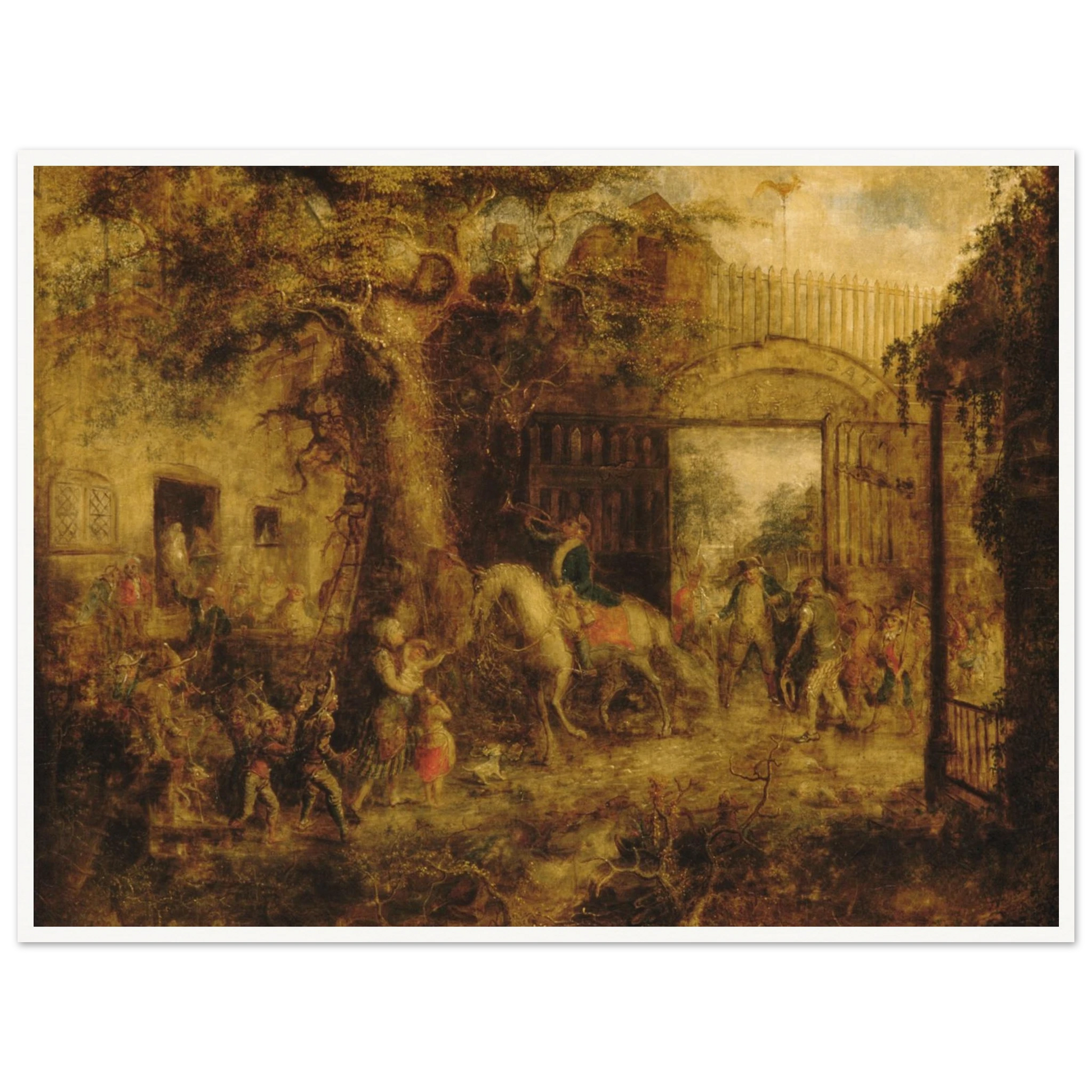 Busy scene at Wall Street Gate with horses, children, figures, and golden trees