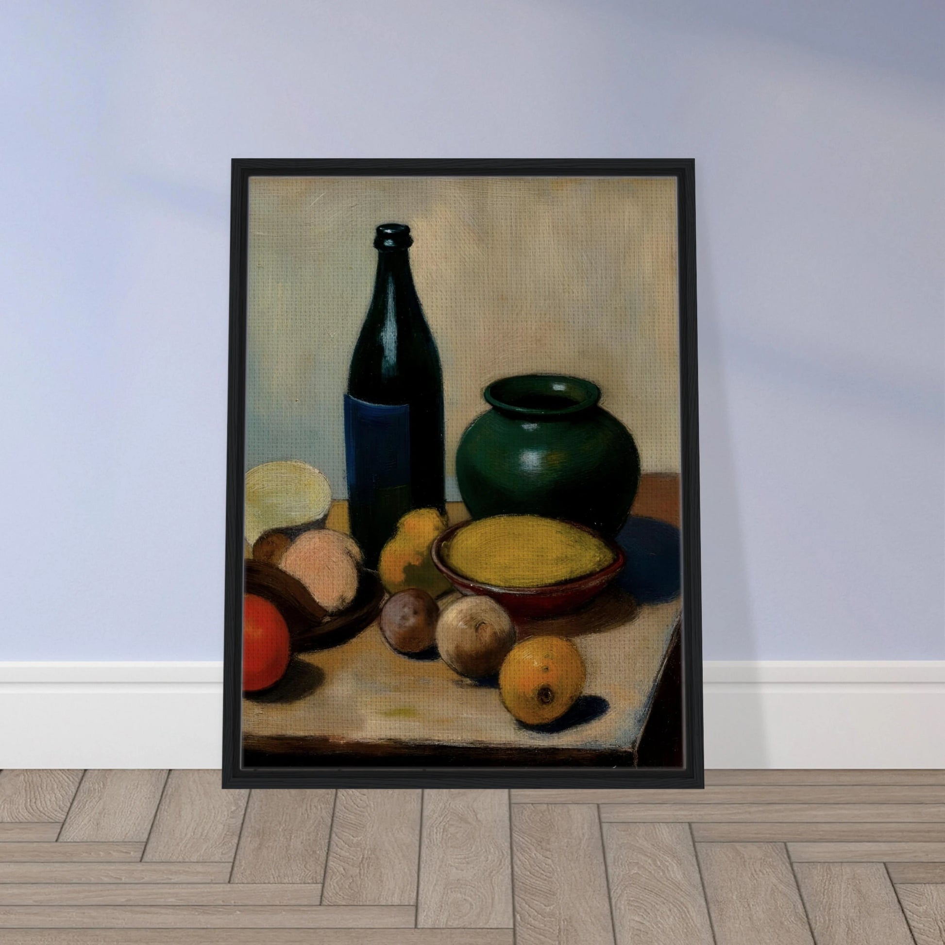 A classic still life painting featuring a dark bottle, a green ceramic vase, a bowl of yellow fruit, and assorted fruits arranged on a tabletop against a soft neutral background.