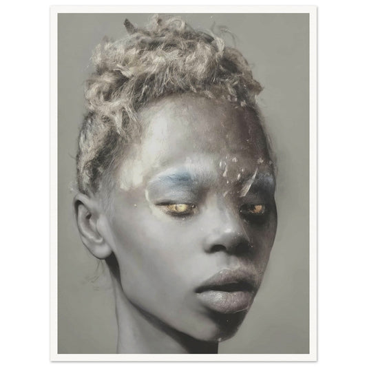 A powerful and ethereal portrait of a person with textured skin, golden eyes, and silvery hair, blending realism and surrealism to create a captivating and otherworldly appearance.