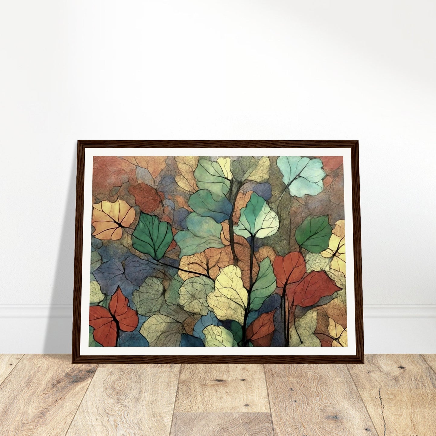 A colorful composition of overlapping leaves in shades of green, yellow, orange, and blue, creating a delicate and textured pattern that evokes the beauty of nature.