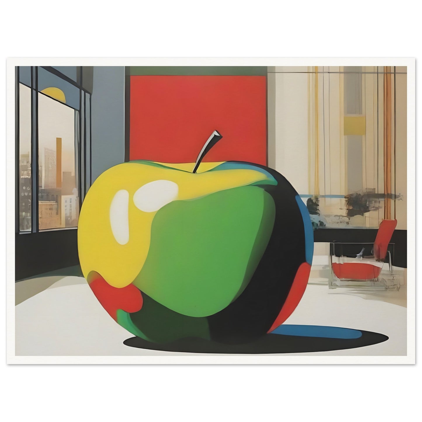 Modern artwork depicting a vibrant, oversized apple in a contemporary room with cityscape views and bold geometric shapes.