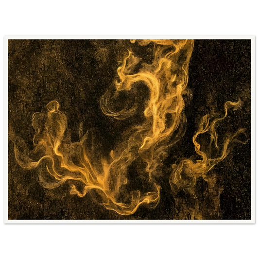 Golden smoke-like wisps swirl across a dark textured canvas, evoking the illusion of fire dancing in shadow.
