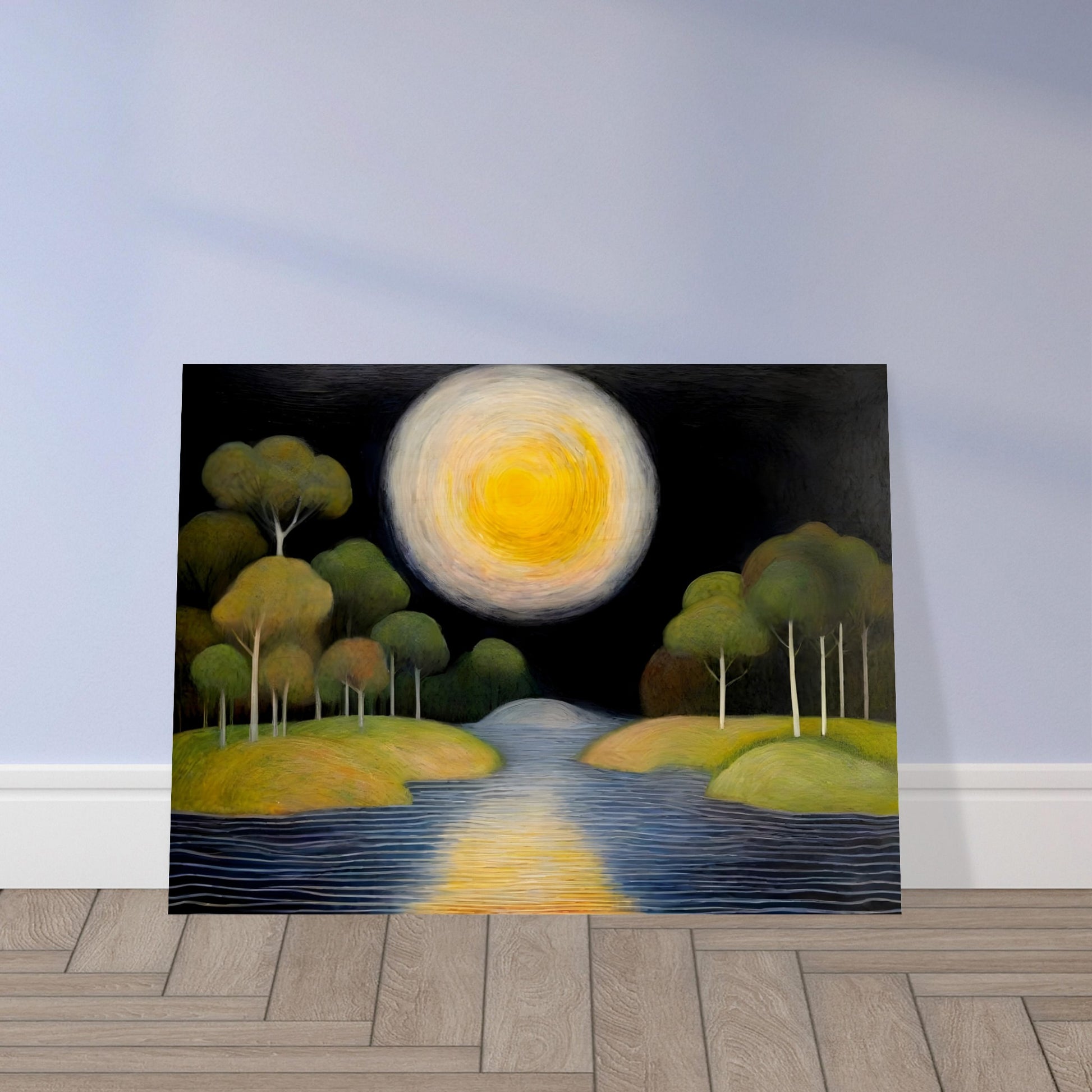 A dreamlike night scene featuring a glowing golden moon over a calm river, surrounded by lush green trees on rolling islands, reflecting a soft celestial light.