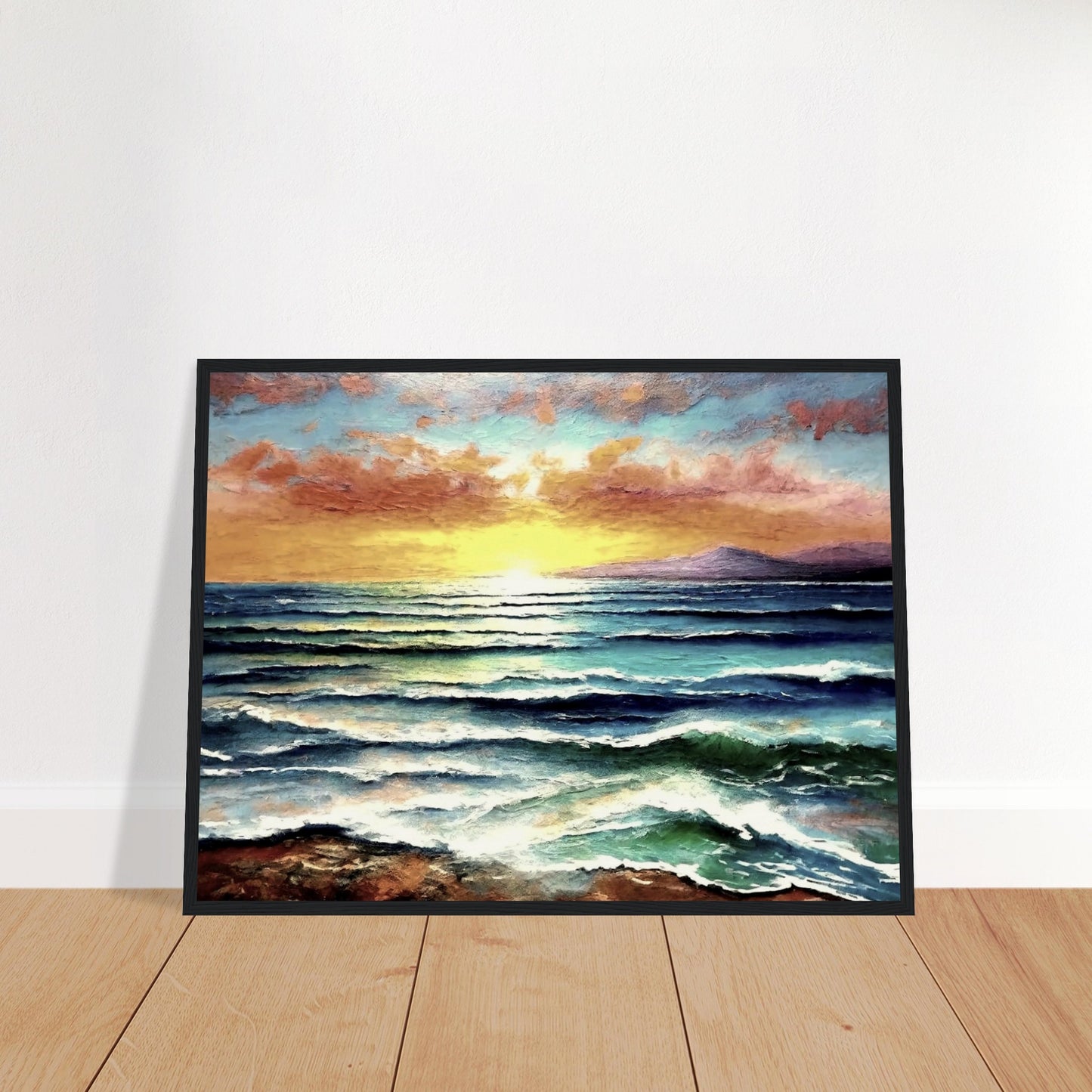 A serene view of ocean waves at sunset with a golden sky, vibrant clouds, and mountains in the distance.