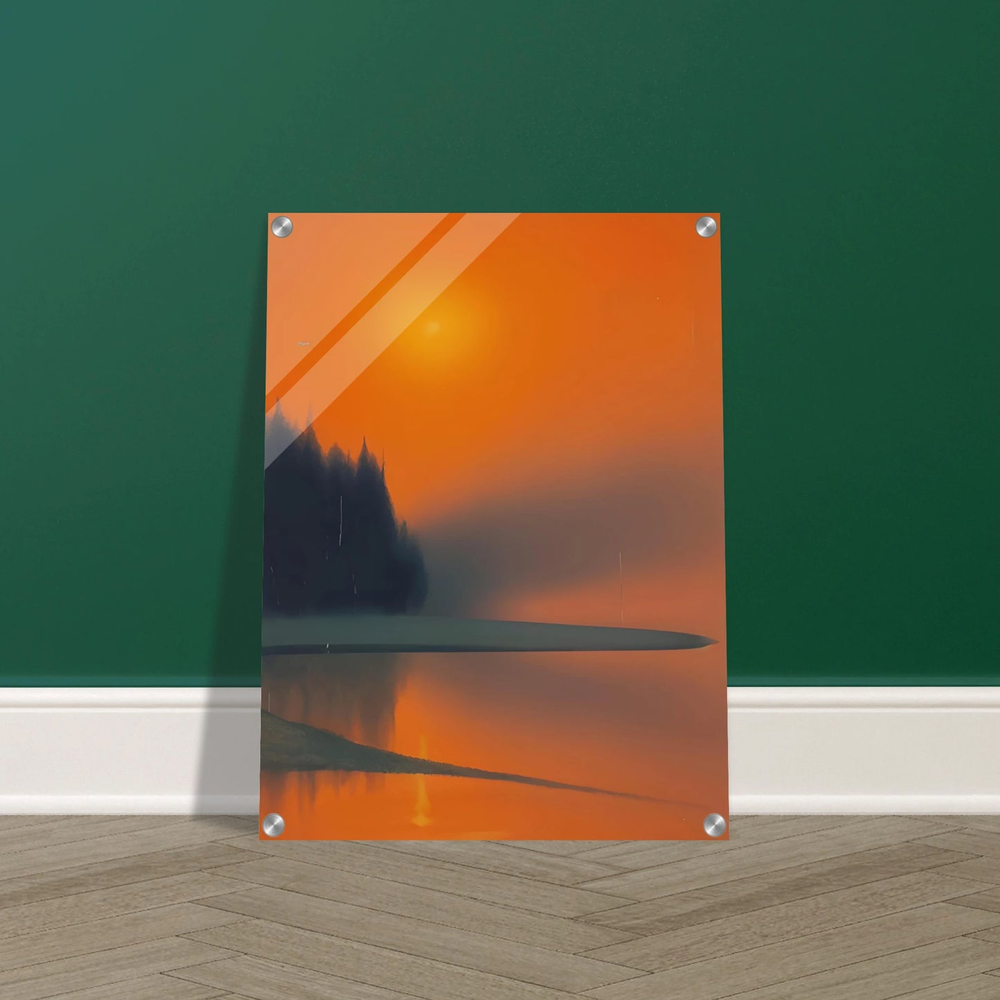 A misty lakeside at sunset, glowing in deep orange and shadowed green tones, evoking quiet beauty and fading warmth.