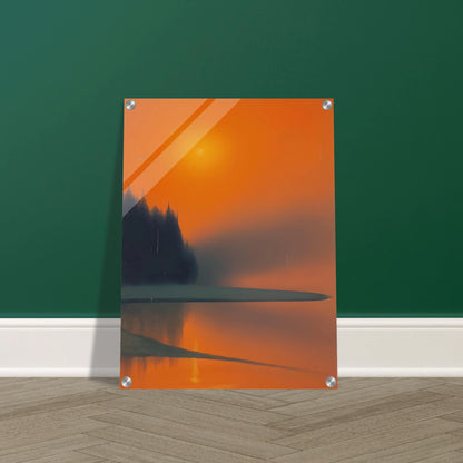 A misty lakeside at sunset, glowing in deep orange and shadowed green tones, evoking quiet beauty and fading warmth.