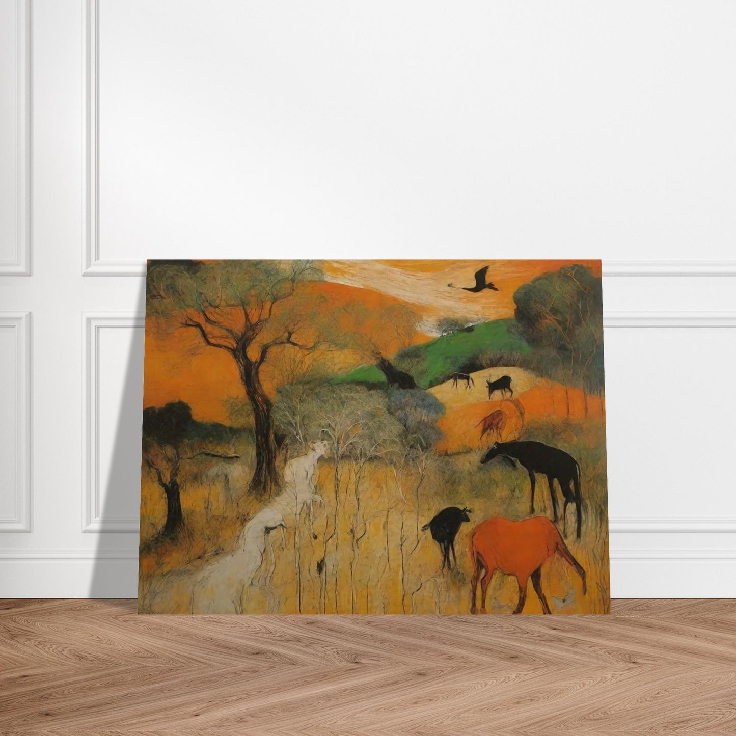 A vivid depiction of various wild animals grazing and roaming in a vibrant, colorful landscape with trees and open fields.