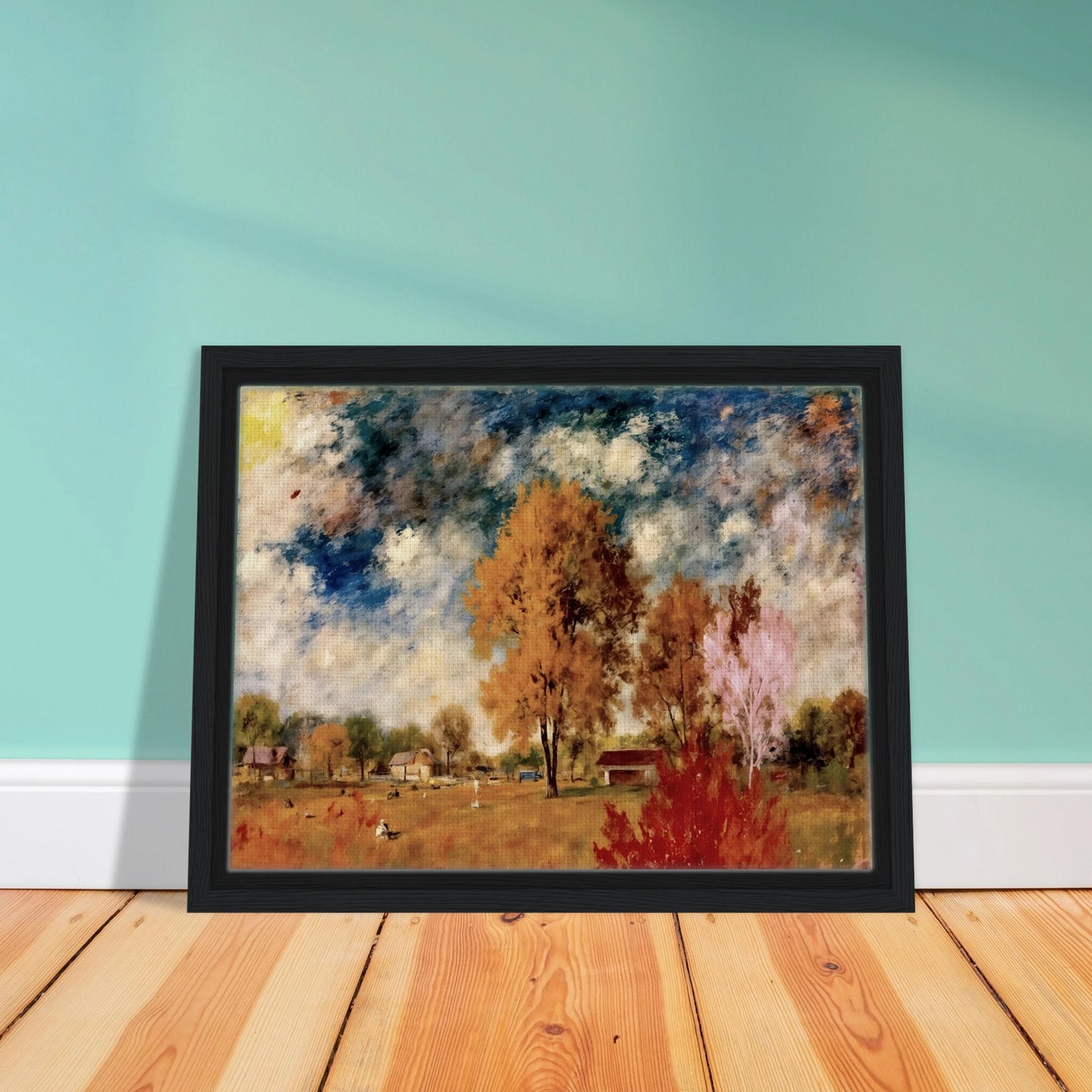 A pastoral countryside scene with autumn trees, rustic homes, golden fields, and dramatic blue skies painted in soft textured strokes.