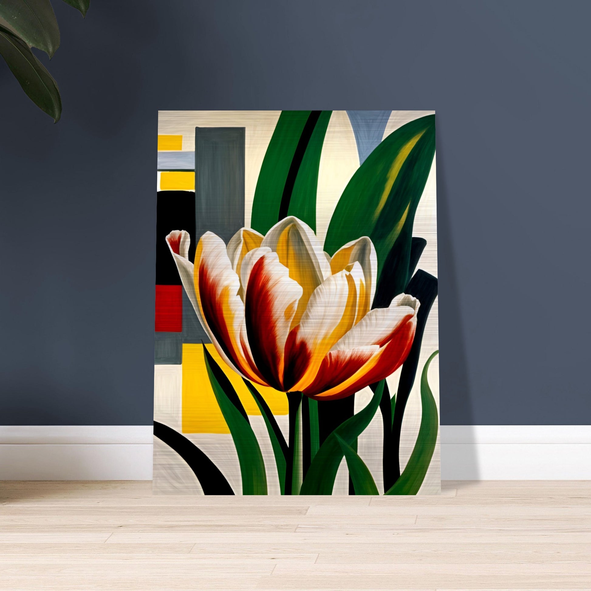 A striking tulip with red, yellow, and white petals set against a bold geometric background, blending nature with modern design.