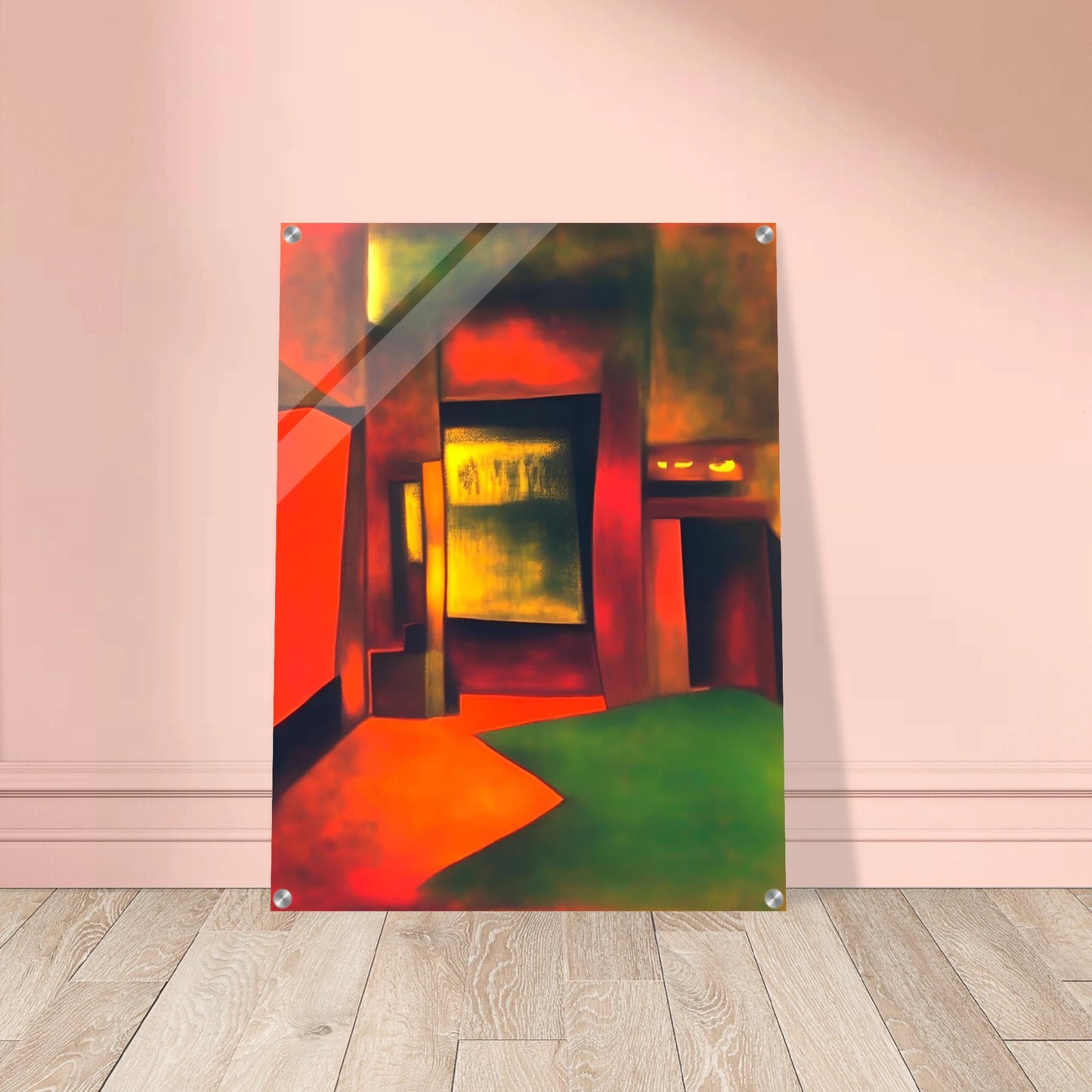 An interior-like scene bathed in glowing red, gold, and green light, forming bold shapes that evoke mystery and warmth.