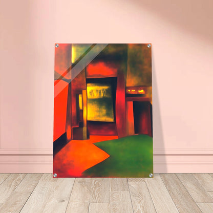 An interior-like scene bathed in glowing red, gold, and green light, forming bold shapes that evoke mystery and warmth.