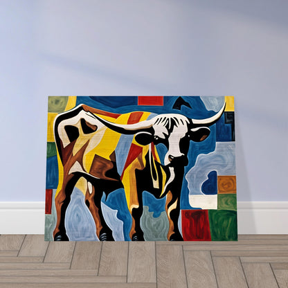 A striking painting of a longhorn bull in a colorful, geometric style, featuring bold hues of yellow, blue, red, and black.