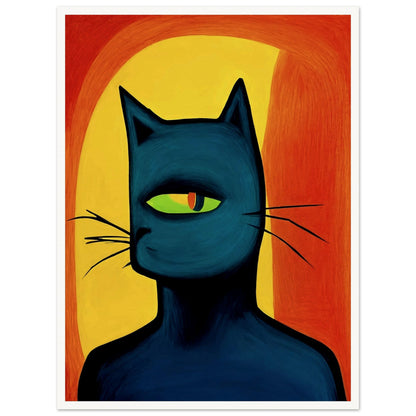 A bold, artistic depiction of a black cat with a single green eye, set against a vibrant orange and yellow abstract background.