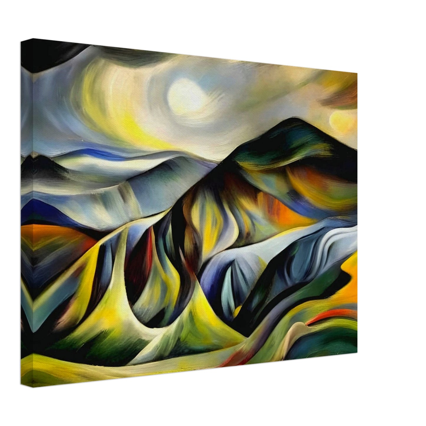 A vivid, abstract landscape painting featuring rolling mountains in rich shades of yellow, green, blue, and orange under a glowing sky.