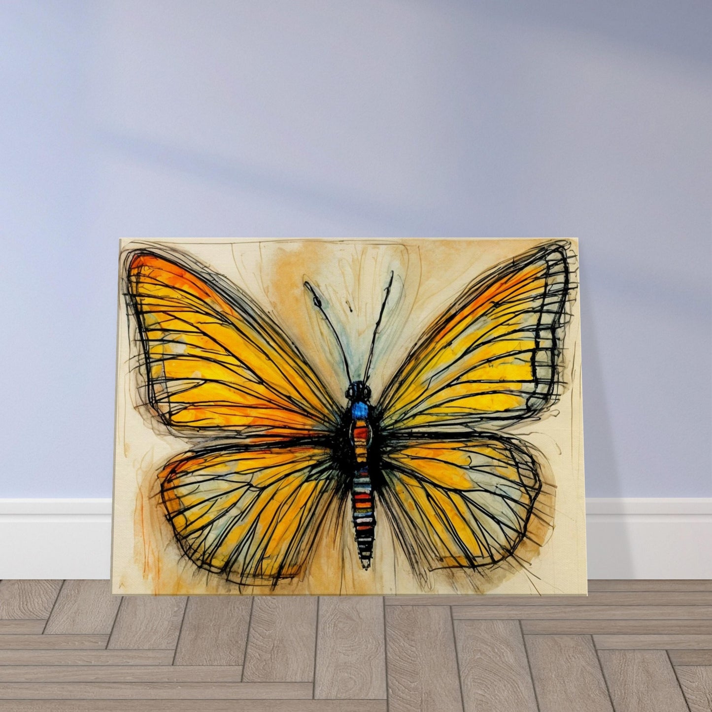 A striking illustration of a butterfly with bold black outlines and golden-yellow wings, detailed with subtle orange and blue accents, evoking transformation.